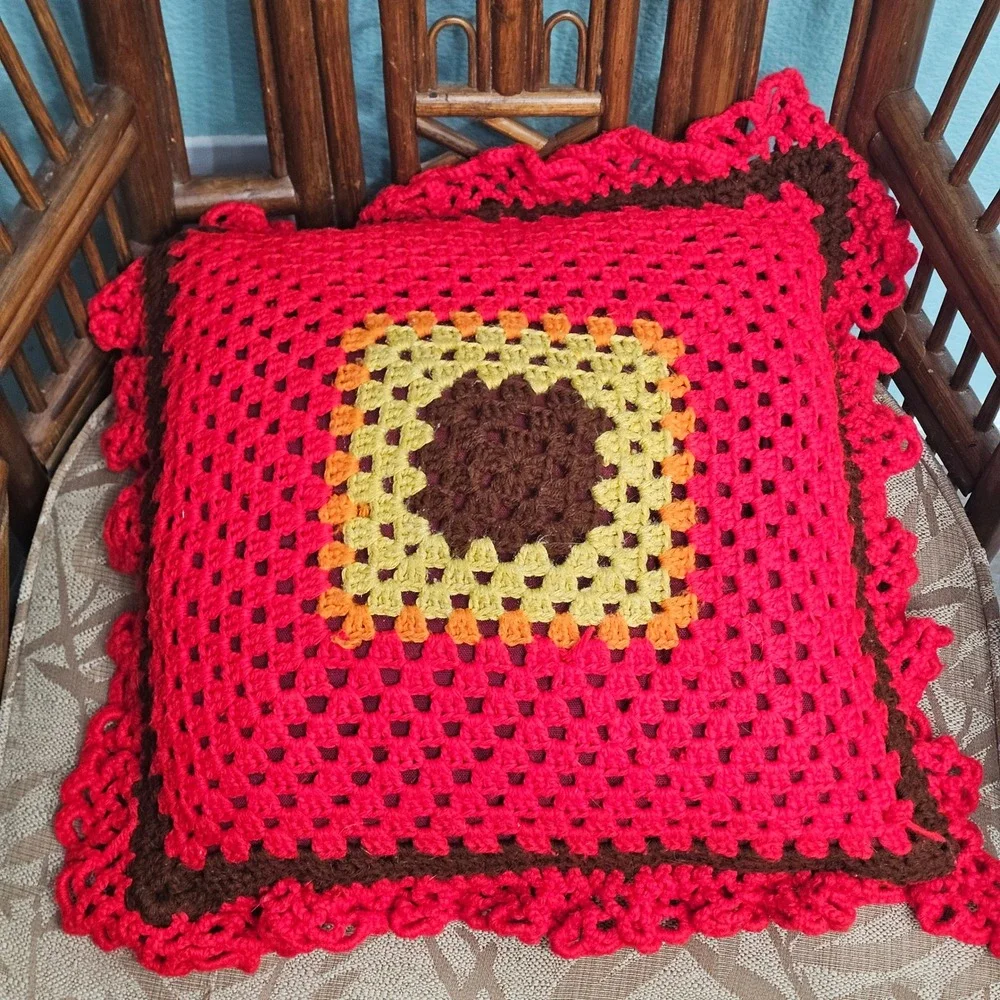 Vintage Handmade Crochet Granny Square Throw Pillow Red Orange Yellow Ruffled